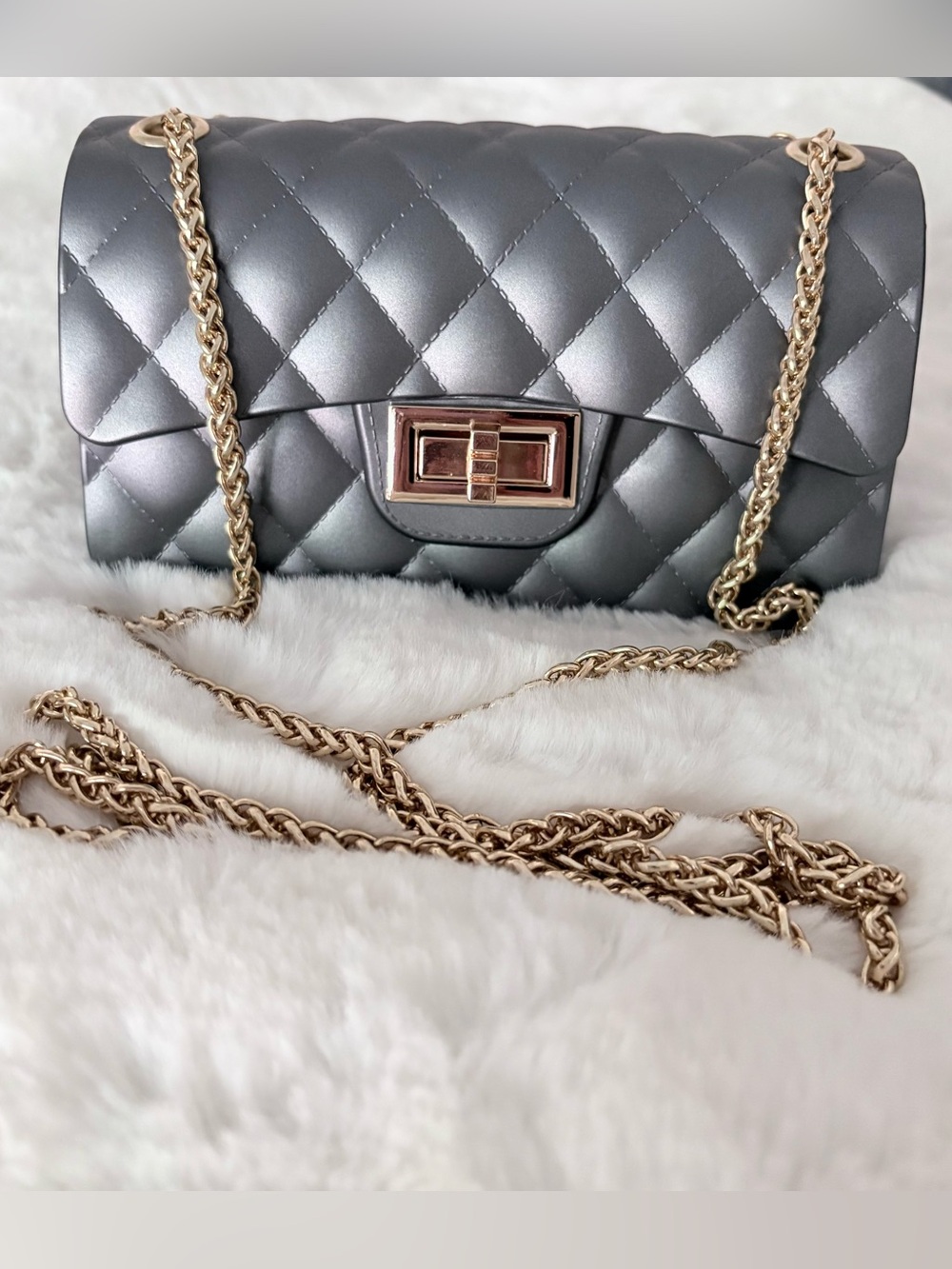 Charcoal Gray Quilted Jelly Crossbody Bag Gold Chain Flap Purse